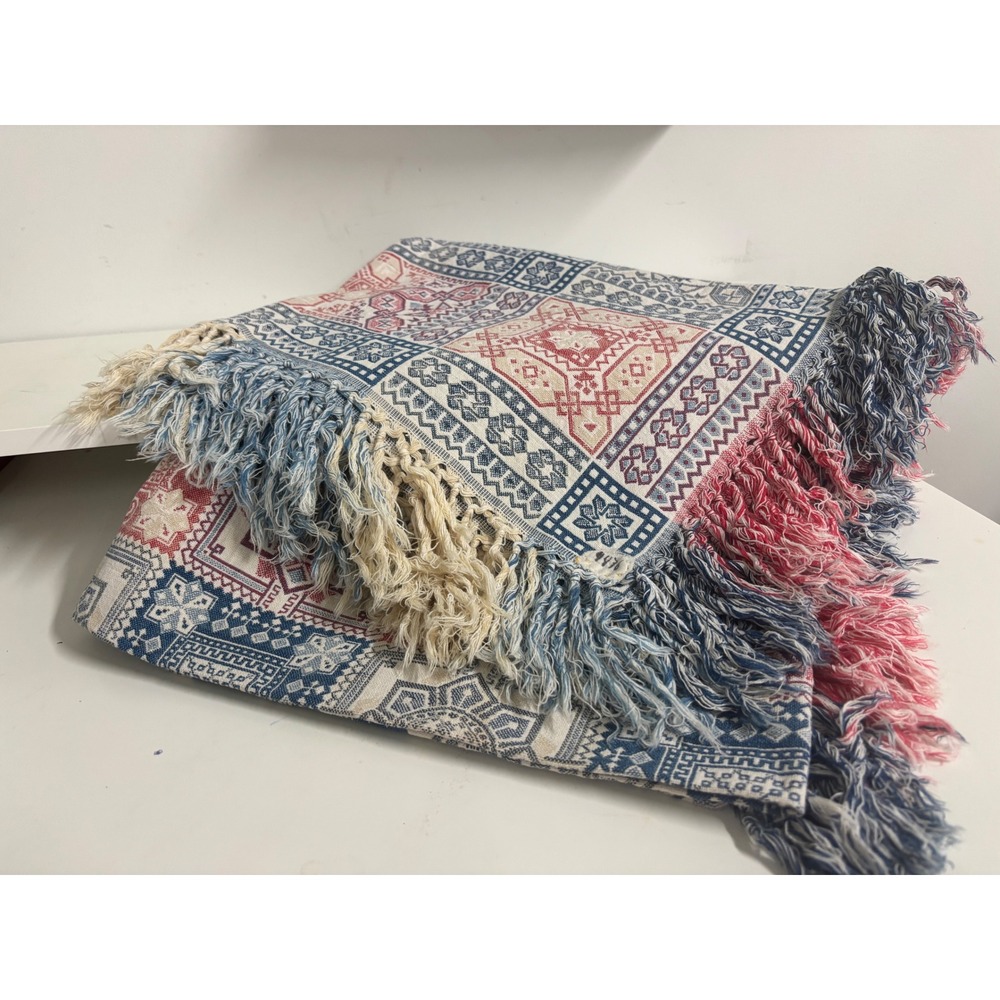 Boho Embroidered Tapestry 60x60 Geometric Woven Throw Blanket Fringe Accent